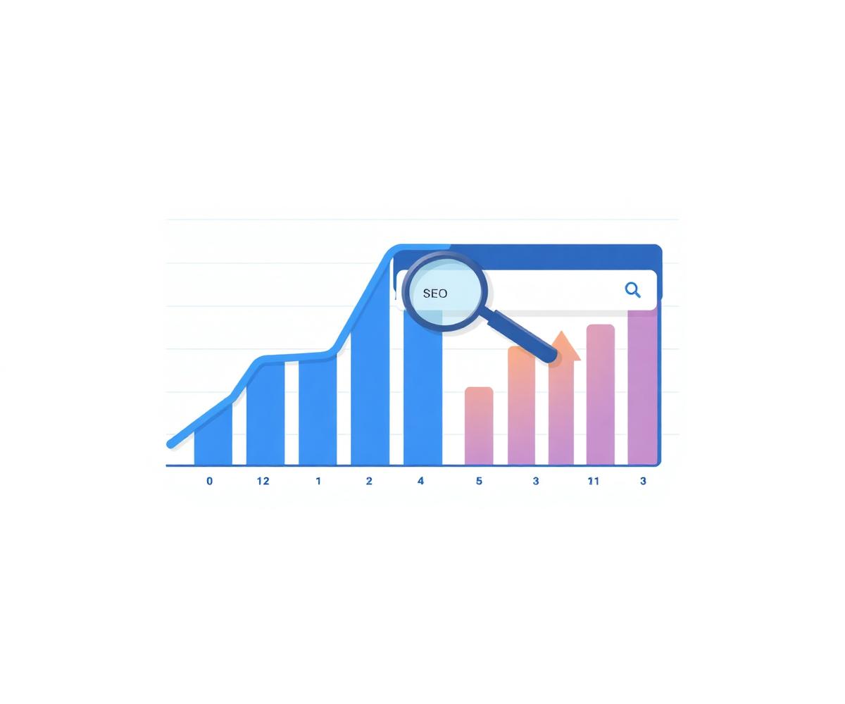 SEO analytics dashboard showing rising Google ranking chart, search bar, and keyword position indicators — গুগল র্যাংকিং বৃদ্ধির SEO ড্যাশবোর্ড